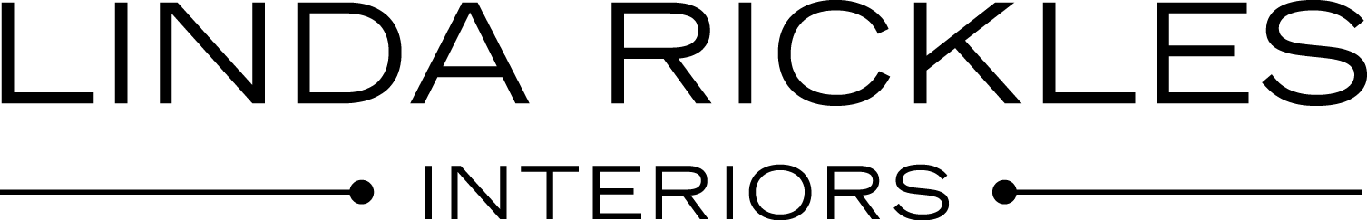 Black text logo reads "LINDA RICKLES INTERIORS" with horizontal lines and dots flanking "INTERIORS" below the name, perfect as a stylish Header or branding element for your Elementor site.